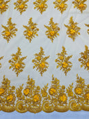3D Floral Valentina Lace Fabric - Yellow - Sequins and Beads on Flower Design Fabric By Yard