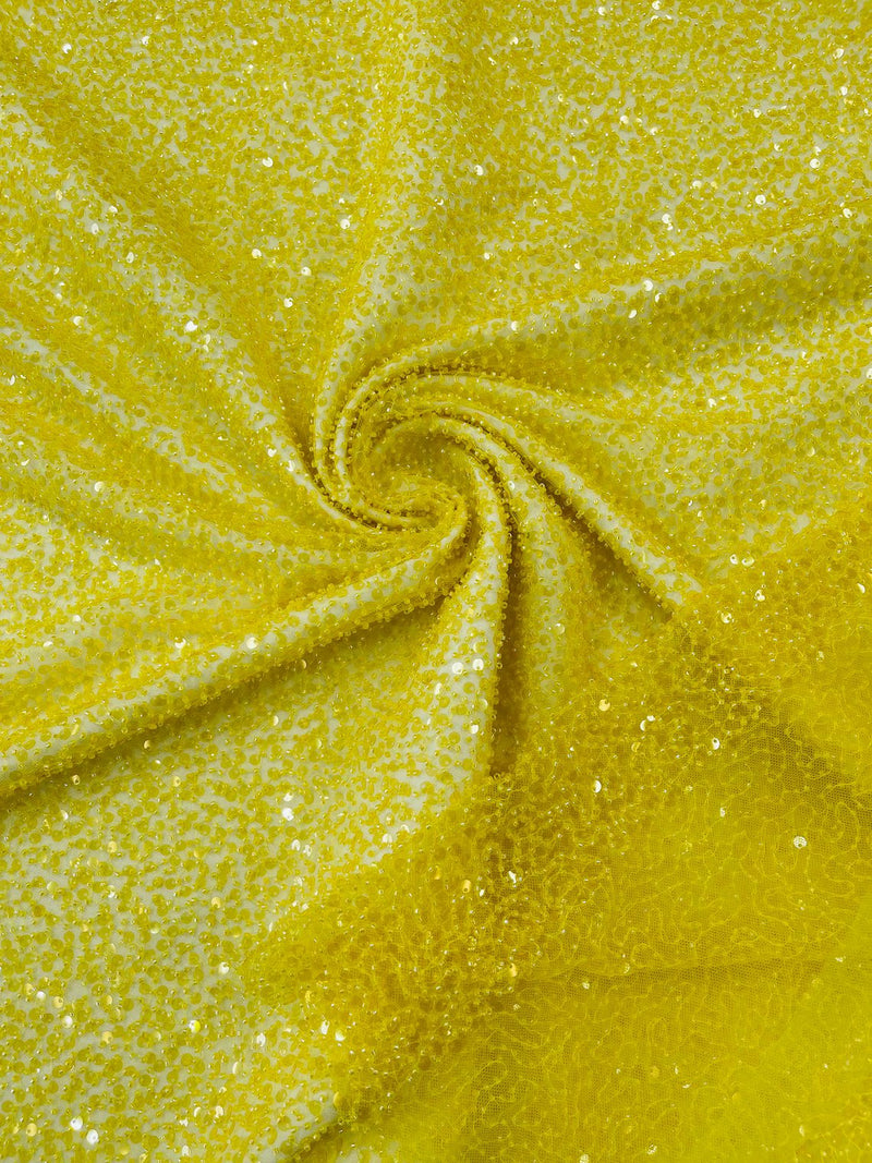 Beaded Sequins Pearl Fabric - Yellow - Embroidered Pearl Beads and Sequins on Lace By Yard