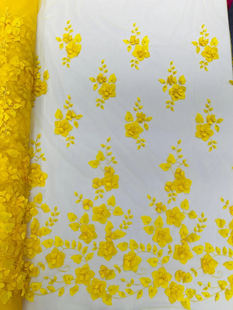 3D Orquidia Floral Lace - Yellow - Beautiful Orchid Flower Fabric on Mesh by Yard