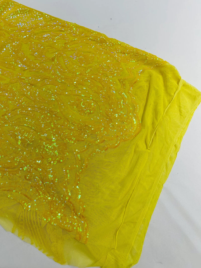 Damask Sequins Fabric - Yellow - Shiny Sequin Design on 4 Way Stretch Black Mesh Fabric By Yard