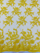 Floral Cluster Corded Fabric - Yellow - Fancy Flower Embroidery Lace Mesh Fabric By Yard