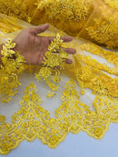 Floral Cluster Beaded Fabric - Yellow - Embroidered Flower Beaded Fabric Sold By Yard