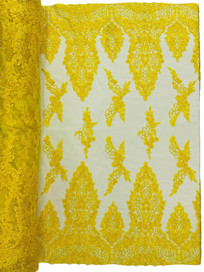 Beaded Floral Fabric - Yellow - Luxury Bridal Floral Pattern Fabric With Beads, Sequins Sold By Yard