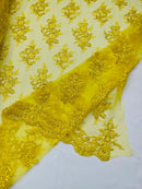 Floral Bridal Lace - Yellow - Flower Damask Design Embroidered on Mesh Lace Fabric