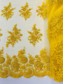 Flower Lace Sequins Fabric - Yellow - Embroidered Floral Pattern Fabric with Sequins on Lace By Yard
