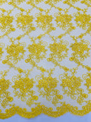 Jasmine Flower Fabric - Yellow - Embroidered Floral Design Lace Mesh Bridal Fabric By Yard