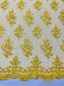 Floral Bridal Lace - Yellow - Flower Damask Design Embroidered on Mesh Lace Fabric