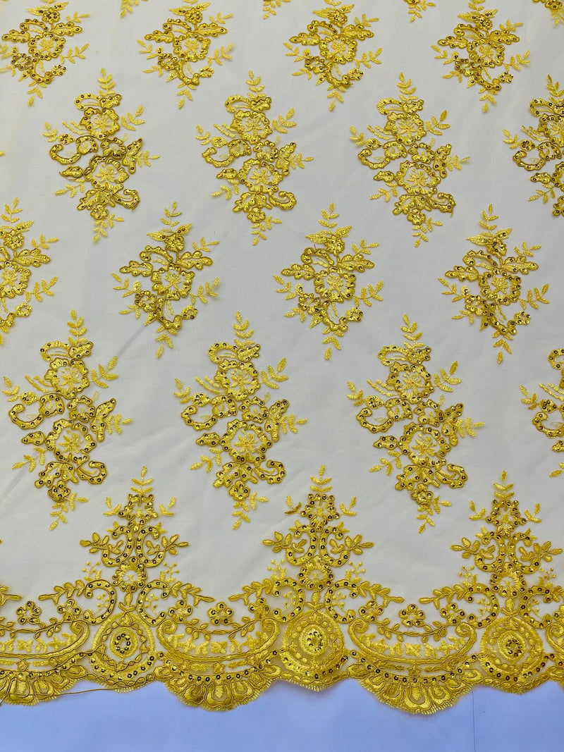 Floral Bridal Lace - Yellow - Flower Damask Design Embroidered on Mesh Lace Fabric