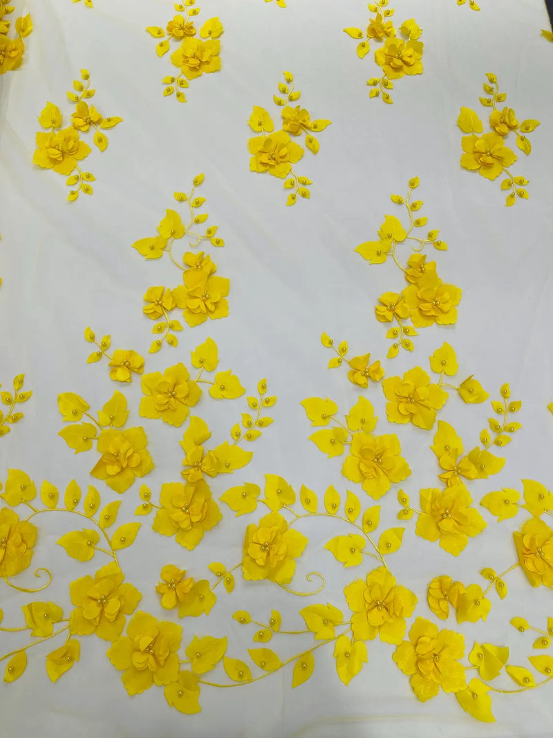 3D Orquidia Floral Lace - Yellow - Beautiful Orchid Flower Fabric on Mesh by Yard