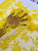 Floral Cluster Corded Fabric - Yellow - Fancy Flower Embroidery Lace Mesh Fabric By Yard
