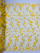 3D Multi-Color Flower Lace - Yellow - Flower Leaf 3D Multi-Tone Fabrics Sold By Yard