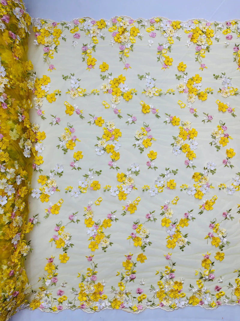 3D Multi-Color Flower Lace - Yellow - Flower Leaf 3D Multi-Tone Fabrics Sold By Yard
