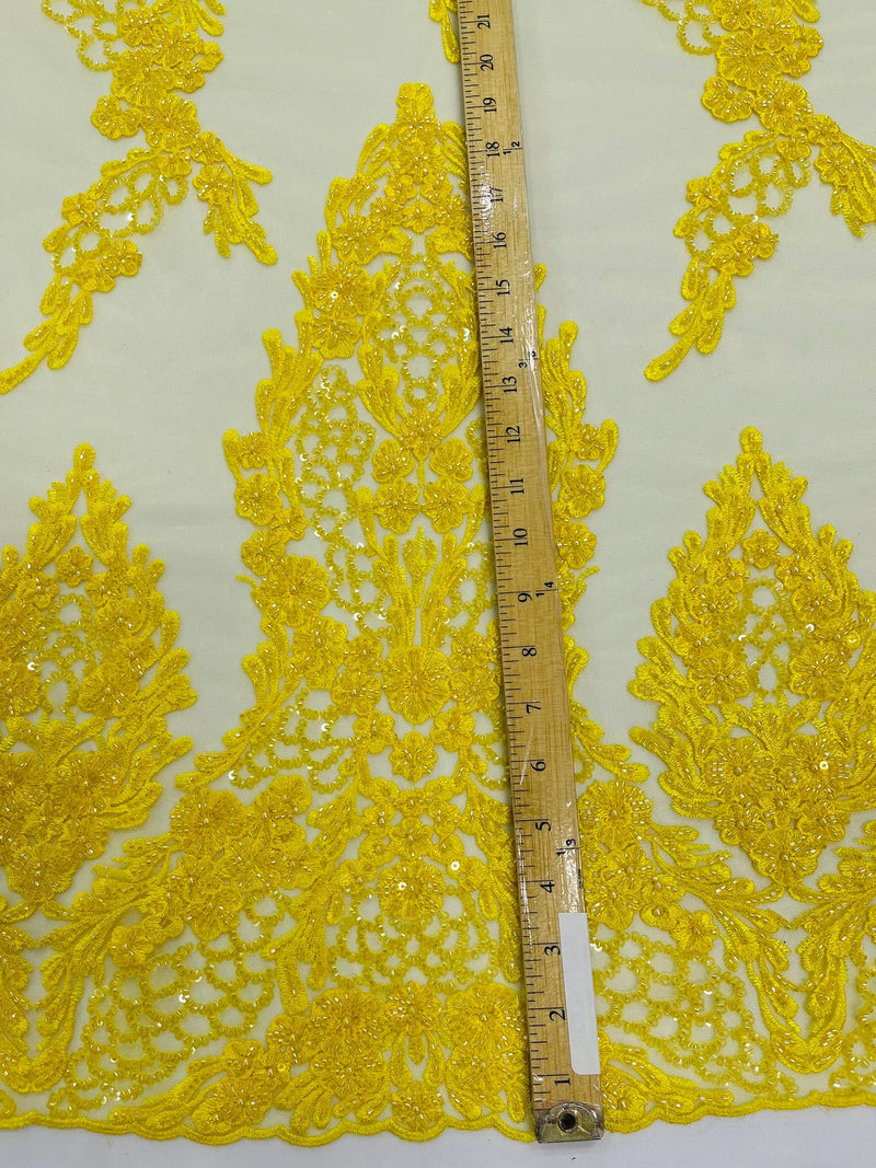 Beaded Floral Fabric - Yellow - Luxury Bridal Floral Pattern Fabric With Beads, Sequins Sold By Yard