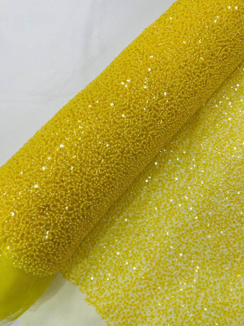 Beaded Sequins Pearl Fabric - Yellow - Embroidered Pearl Beads and Sequins on Lace By Yard