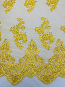 Floral Cluster Beaded Fabric - Yellow - Embroidered Flower Beaded Fabric Sold By Yard