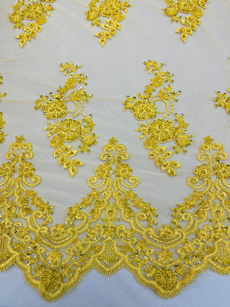 Floral Cluster Beaded Fabric - Yellow - Embroidered Flower Beaded Fabric Sold By Yard