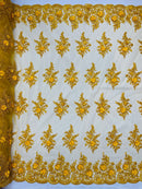 3D Floral Valentina Lace Fabric - Yellow - Sequins and Beads on Flower Design Fabric By Yard