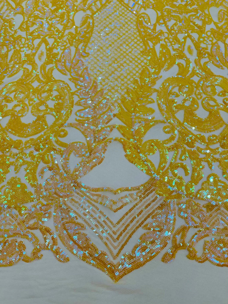 Damask Sequins Fabric - Yellow - Shiny Sequin Design on 4 Way Stretch Black Mesh Fabric By Yard