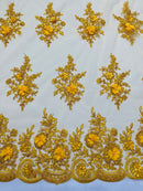 3D Floral Valentina Lace Fabric - Yellow - Sequins and Beads on Flower Design Fabric By Yard