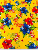 Hawaiian Floral Print Fabric - Yellow - 45" Hibiscus Tropical Flower Cotton Fabric by Yard