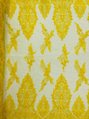 Beaded Floral Fabric - Yellow - Luxury Bridal Floral Pattern Fabric With Beads, Sequins Sold By Yard