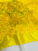 Sequins Satin Rosette Fabric - Yellow - 3D Satin Rose Sequins Floral Fabric Sold By The Yard