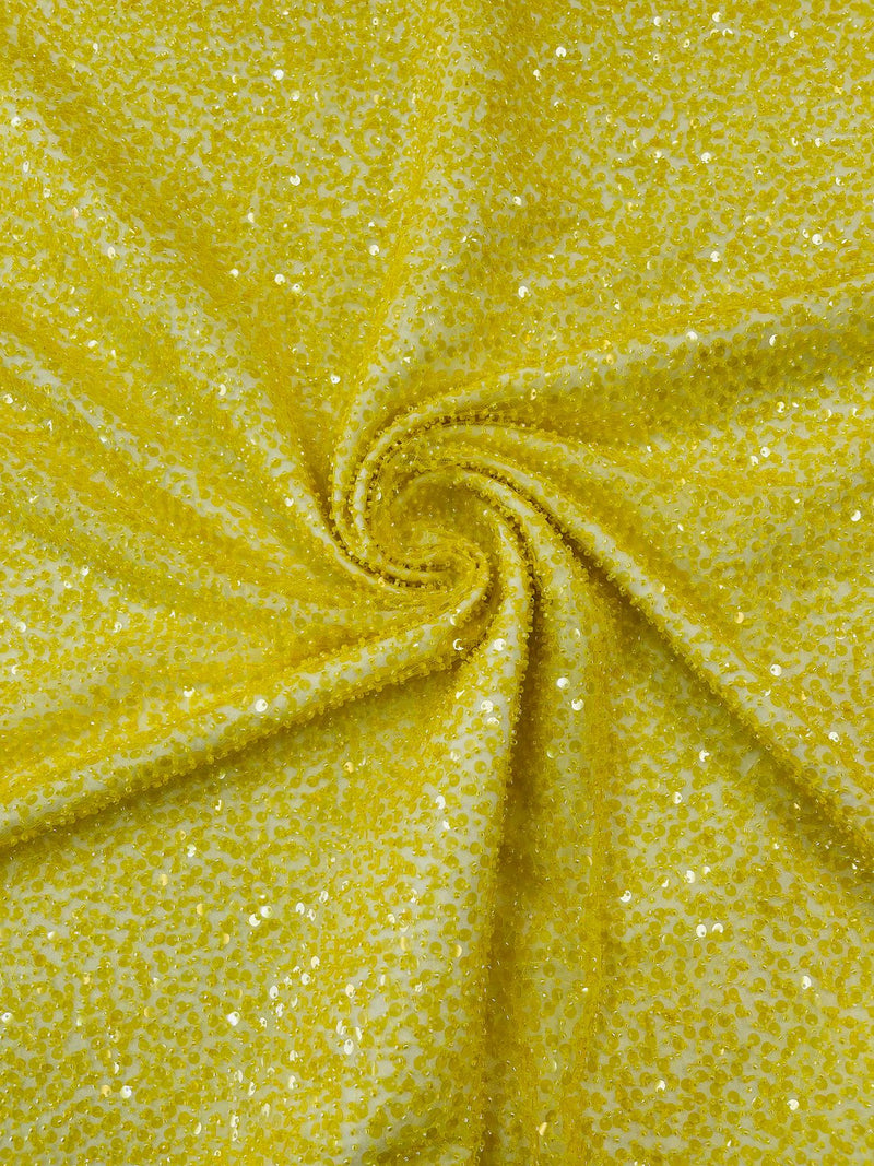 Beaded Sequins Pearl Fabric - Yellow - Embroidered Pearl Beads and Sequins on Lace By Yard