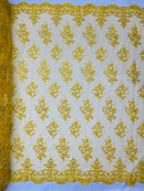 Floral Bridal Lace - Yellow - Flower Damask Design Embroidered on Mesh Lace Fabric