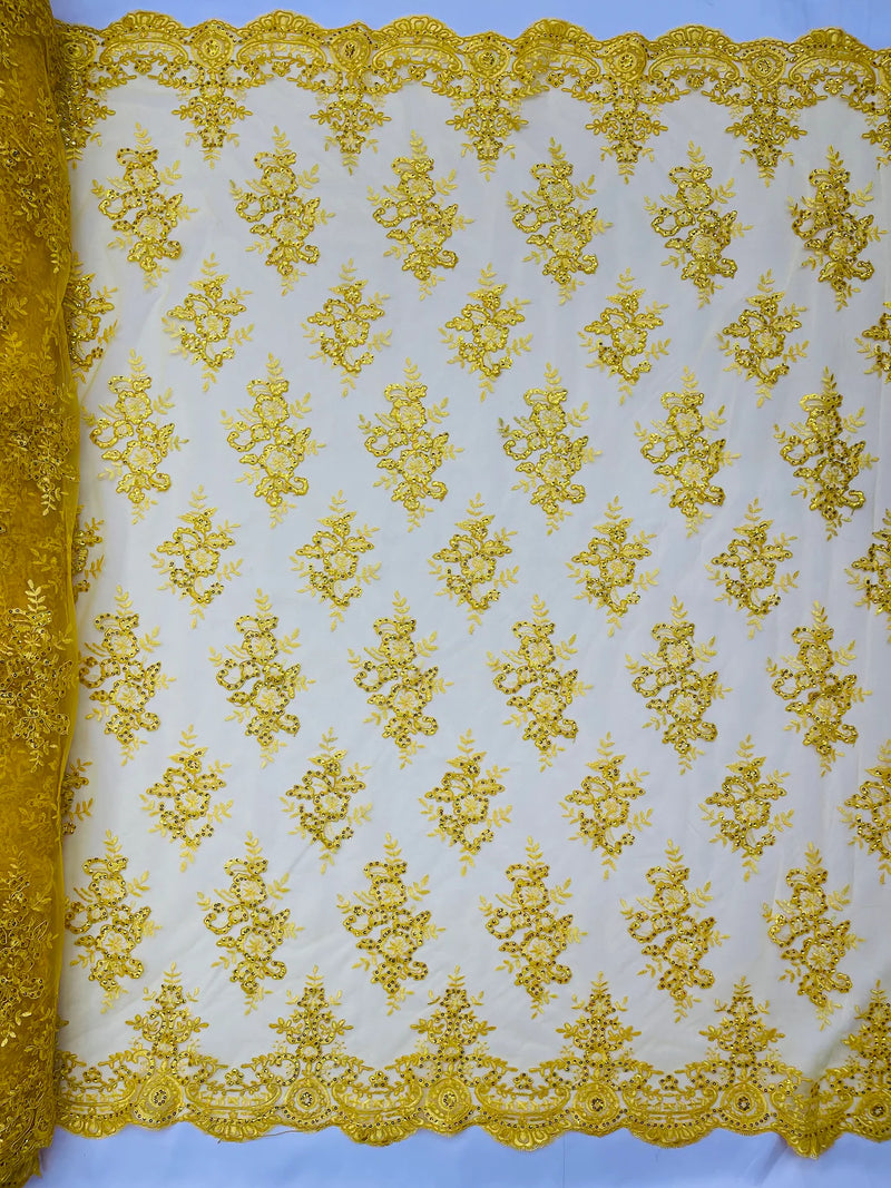 Floral Bridal Lace - Yellow - Flower Damask Design Embroidered on Mesh Lace Fabric