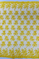 Floral Cluster Corded Fabric - Yellow - Fancy Flower Embroidery Lace Mesh Fabric By Yard