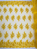 Flower Lace Sequins Fabric - Yellow - Embroidered Floral Pattern Fabric with Sequins on Lace By Yard