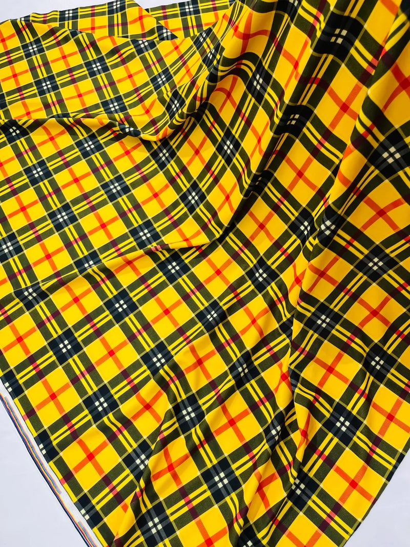 58-60" Plaid Print Milliskin Fabric - Yellow - Spandex 4 Way Stretch Plaid Fabric Sold by Yard