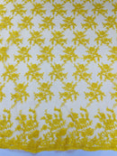 Floral Cluster Corded Fabric - Yellow - Fancy Flower Embroidery Lace Mesh Fabric By Yard