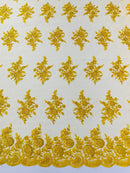 Flower Lace Sequins Fabric - Yellow - Embroidered Floral Pattern Fabric with Sequins on Lace By Yard
