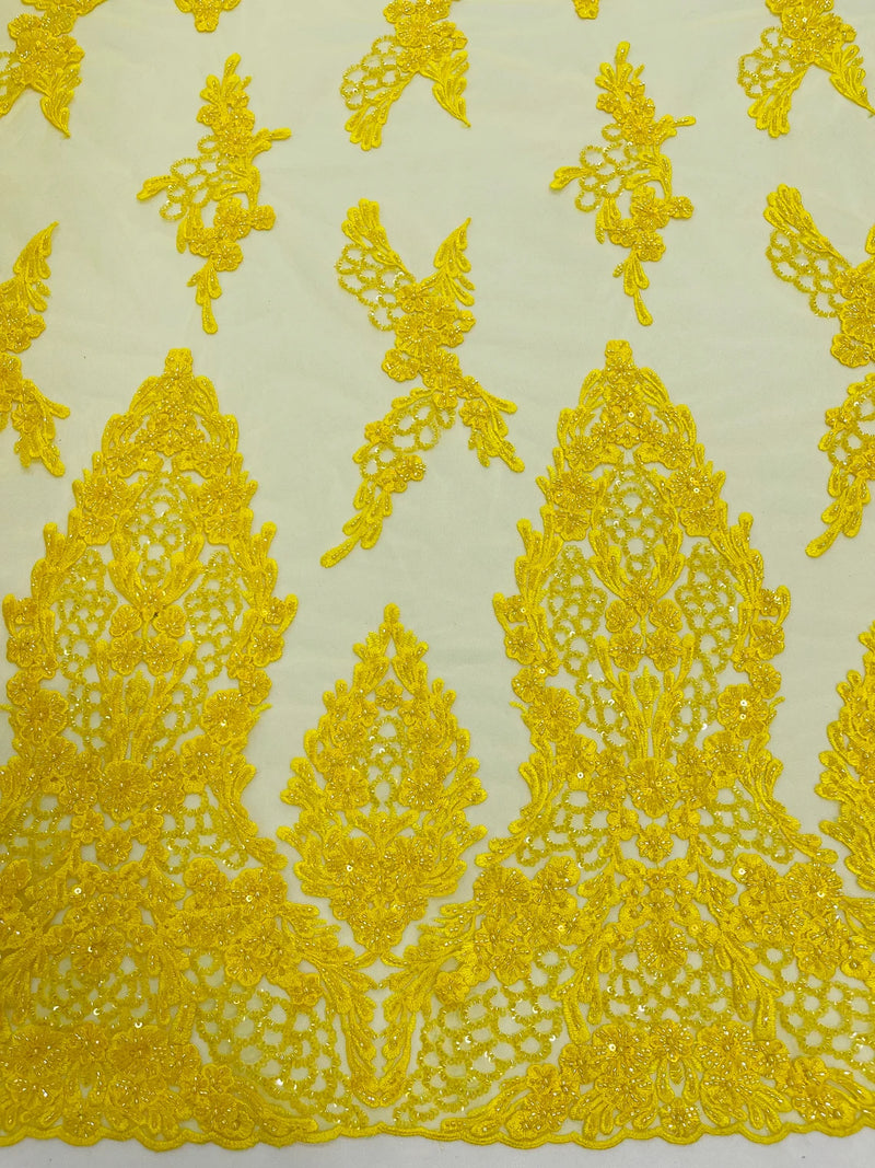 Beaded Floral Fabric - Yellow - Luxury Bridal Floral Pattern Fabric With Beads, Sequins Sold By Yard