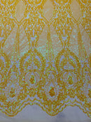 Damask Sequins Fabric - Yellow - Shiny Sequin Design on 4 Way Stretch Black Mesh Fabric By Yard