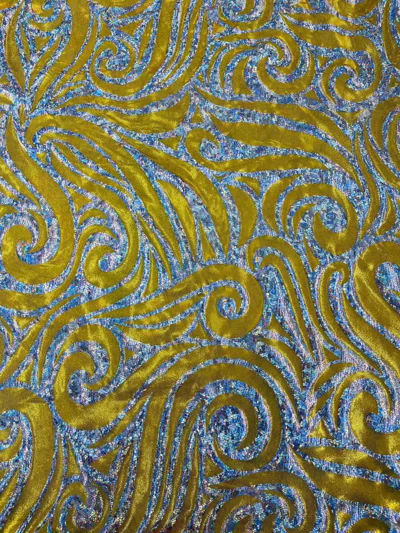 Tribal Swirl Design Spandex - Yellow - 4 Way Stretch Milliskin Holographic Fabric by Yard