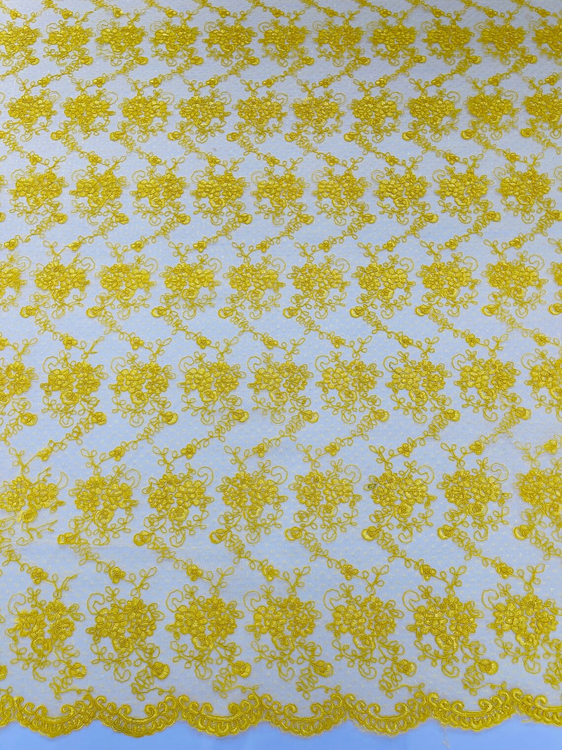 Jasmine Flower Fabric - Yellow - Embroidered Floral Design Lace Mesh Bridal Fabric By Yard