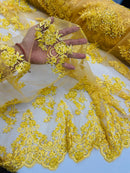 Floral Cluster Beaded Fabric - Yellow - Embroidered Flower Beaded Fabric Sold By Yard