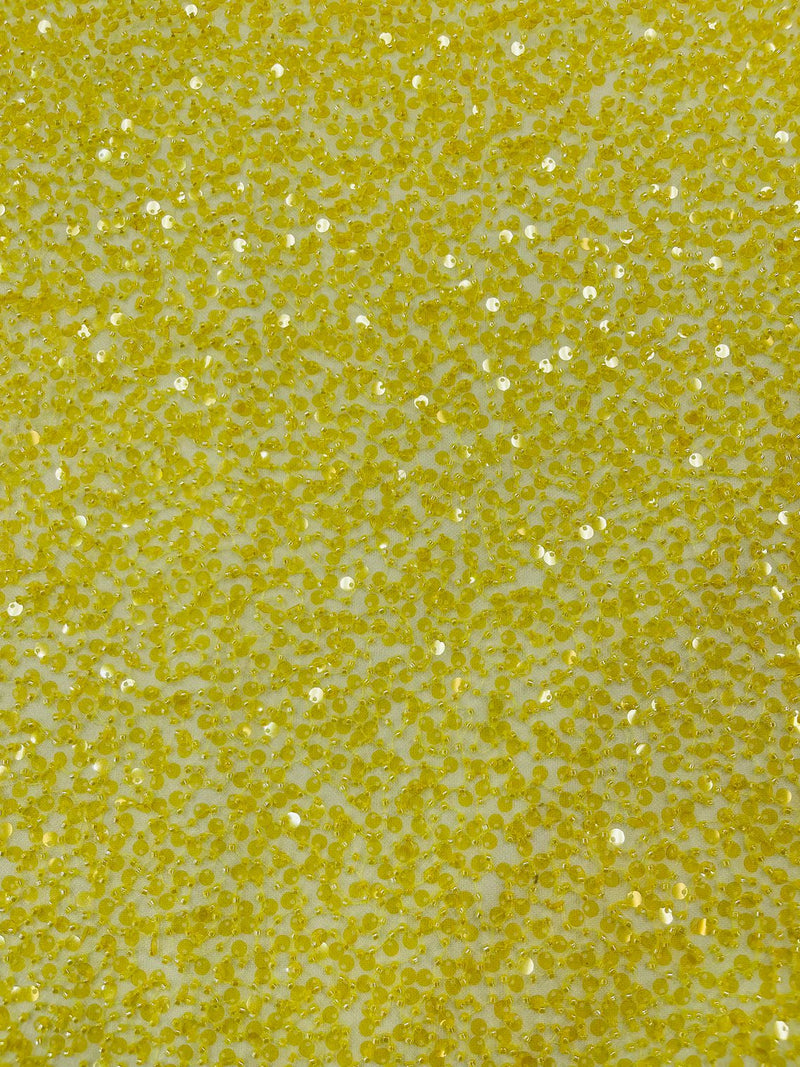 Beaded Sequins Pearl Fabric - Yellow - Embroidered Pearl Beads and Sequins on Lace By Yard