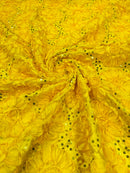 Sequins Satin Rosette Fabric - Yellow - 3D Satin Rose Sequins Floral Fabric Sold By The Yard