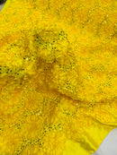 Sequins Satin Rosette Fabric - Yellow - 3D Satin Rose Sequins Floral Fabric Sold By The Yard