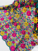 Multi-Color Floral Fabric - Yellow/Fuchsia/Teal - Floral Design Embroidery Lace Fabric By Yard