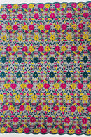 Multi-Color Floral Fabric - Yellow/Fuchsia/Teal - Floral Design Embroidery Lace Fabric By Yard