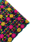 Multi-Color Floral Fabric - Yellow/Fuchsia/Teal - Floral Design Embroidery Lace Fabric By Yard
