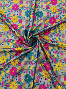 Multi-Color Floral Fabric - Yellow/Fuchsia/Teal - Floral Design Embroidery Lace Fabric By Yard