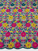 Multi-Color Floral Fabric - Yellow/Fuchsia/Teal - Floral Design Embroidery Lace Fabric By Yard