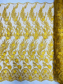 3D Floral Leaf Line Panels - Yellow Gold - 3D Embroidered Flower Lines with Pearls on Lace By Yard