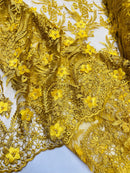 3D Floral Leaf Line Panels - Yellow Gold - 3D Embroidered Flower Lines with Pearls on Lace By Yard