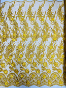 3D Floral Leaf Line Panels - Yellow Gold - 3D Embroidered Flower Lines with Pearls on Lace By Yard